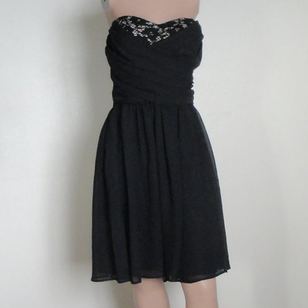 Black Chiffon Strapless Dress Lace Bodice sz M